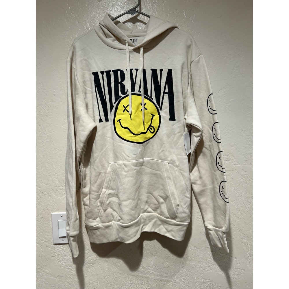 Nirvana Smiley‎ Face Cream Hoodie Graphic  Sweatshirt Womens nwt large